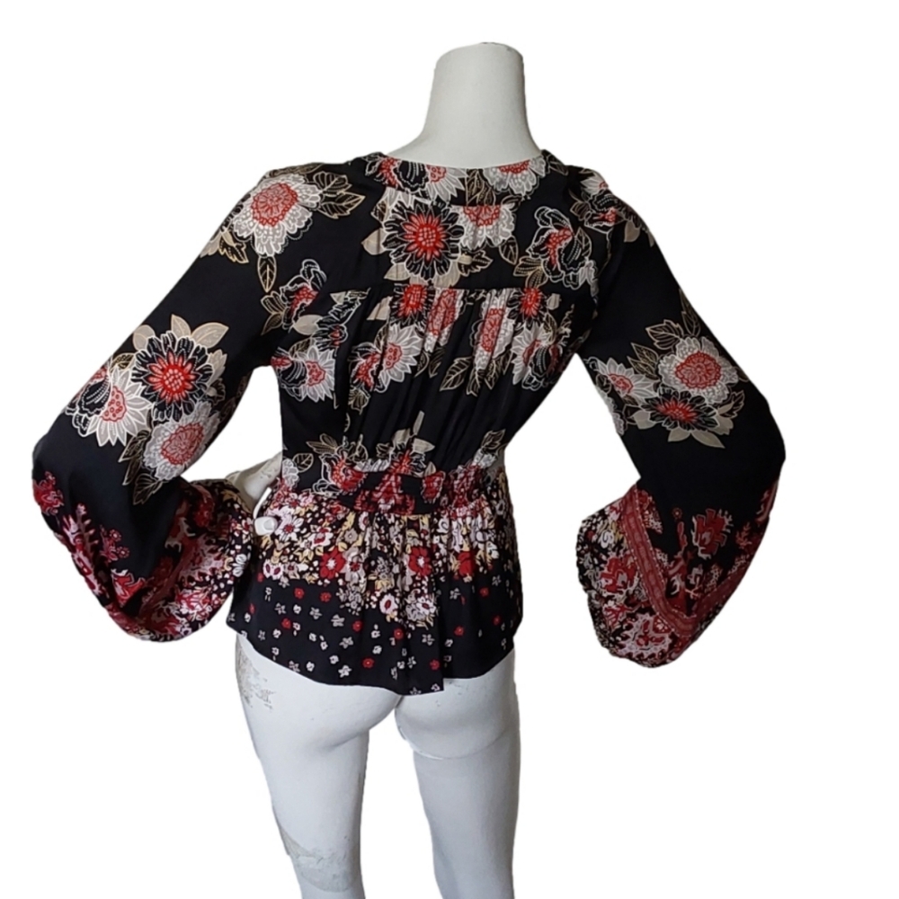 FREE PEOPLE COAL COMBO LONG SLEEVES TIED FRONT BLOUSE SIZE XS - Picture 2 of 3